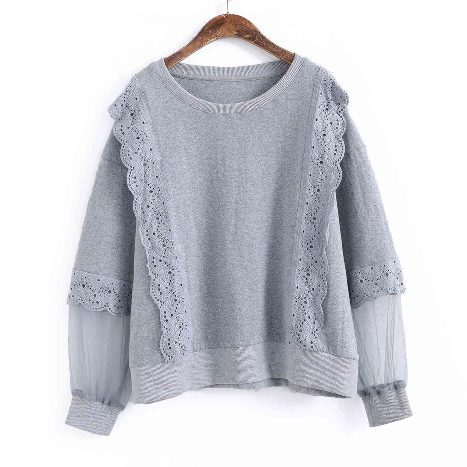 

Johnature Women Pullover Sweatshirt Vintage Lace Patchwork O-Neck Full Sleeve Autumn Loose Casual Girl Sweet Sweatshirt 210521, Gray
