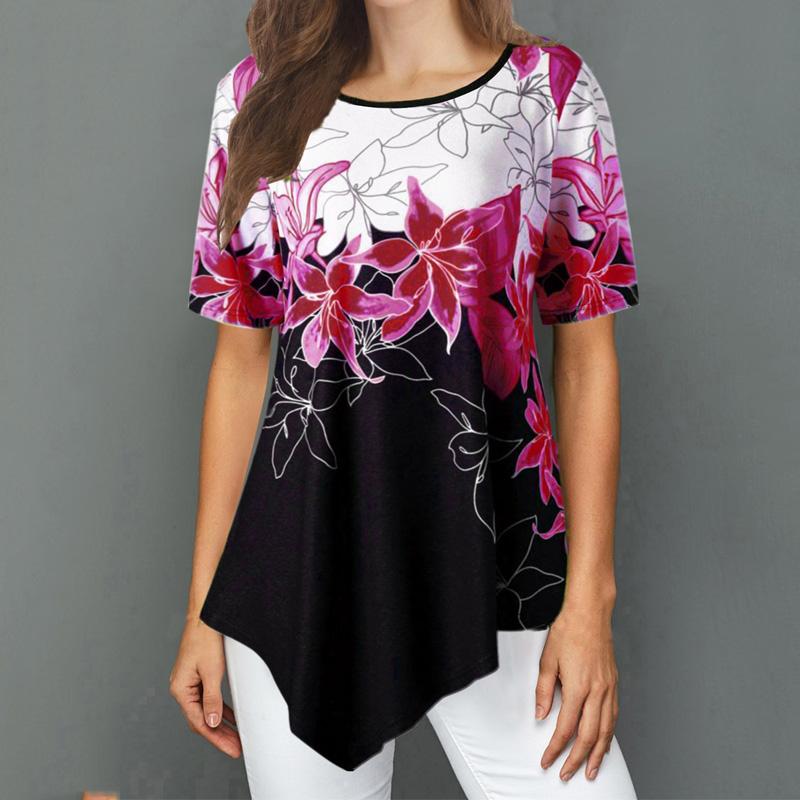 

Women's Blouses & Shirts 2021 Summer Blouse Shirt Femme Print Floral Tee Women Loose Short Sleeve Ladies Irregular Casual Female Top, White