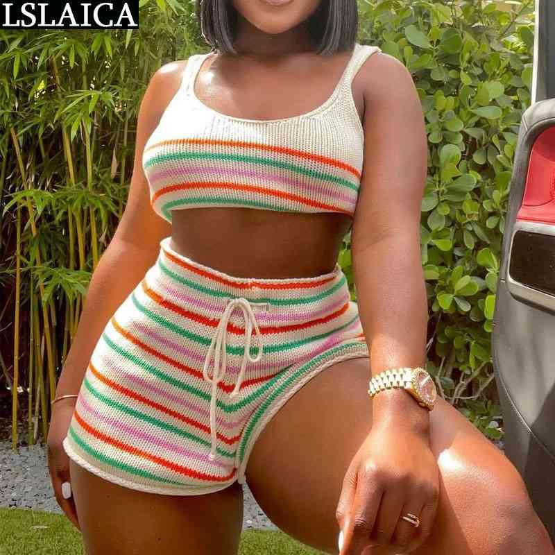 

Women's Shorts Suit Strapless Tops&drawstring Short Pants Stripled Patchwork Set Woman 2 Pieces Summer Knit Sweater Women Sets 210520, Multi