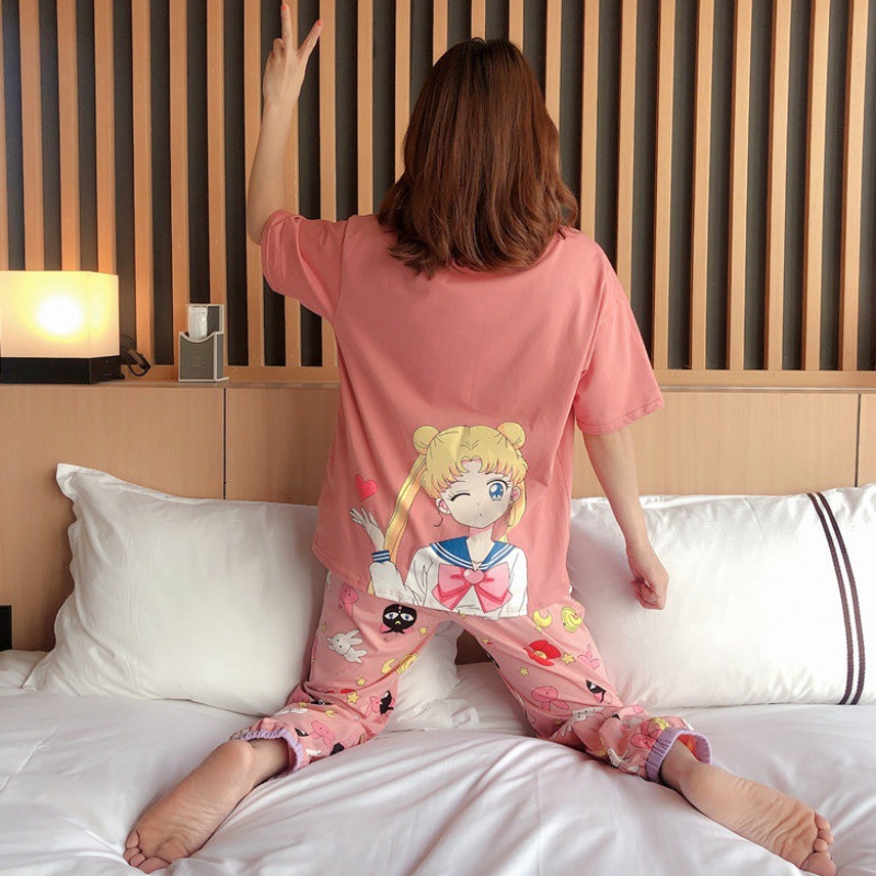 

2021Sailor Moon Sleepwear Set for Women Autumn Long Sleeve Milk shreds Women Pajamas set Cute Pink Pijamas Thin Casual Home Clothes, Black;red
