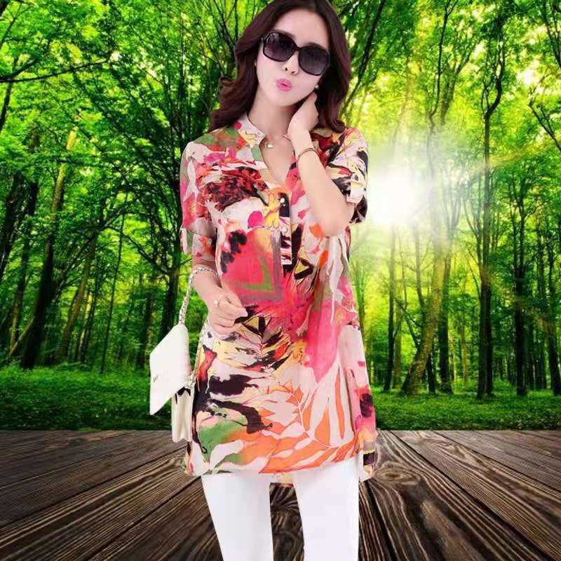 

Arrival Summer Arts Style Women Loose Short Sleeve V-neck Blouse All-matched Cotton Ramie Print Long Casual Shirts W63 210608, Green