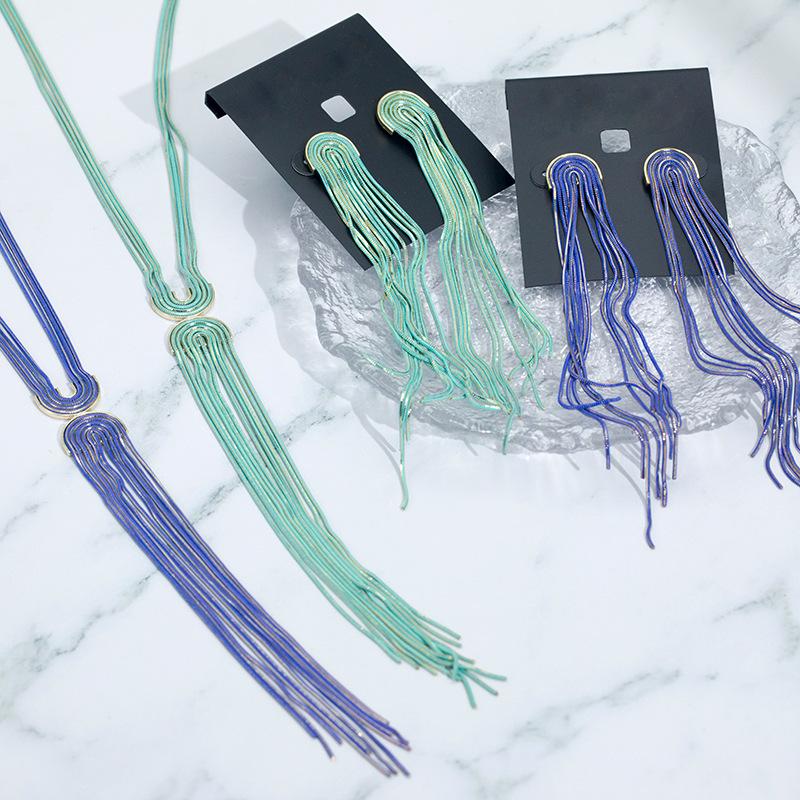 

Earrings & Necklace S114 BIGBING Fashion Jewelry Golden Blue Green Long Tassel Stud Earring Set High Quality, Silver