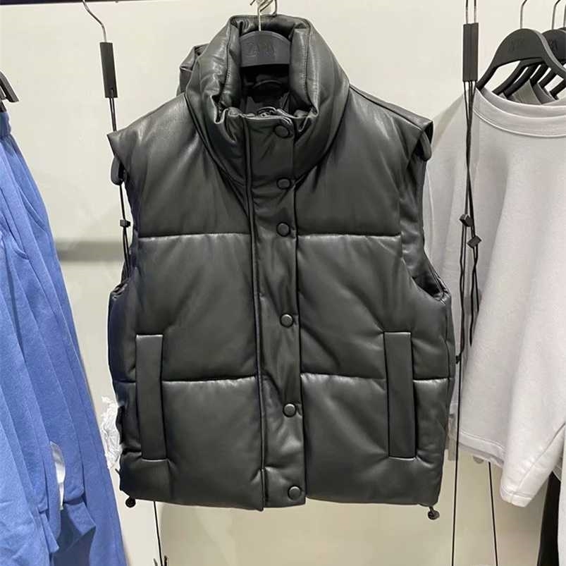 

ZA Black Warm Vest jacket women Casual Zipper Faux Leather coat Punk korean outwear 211109