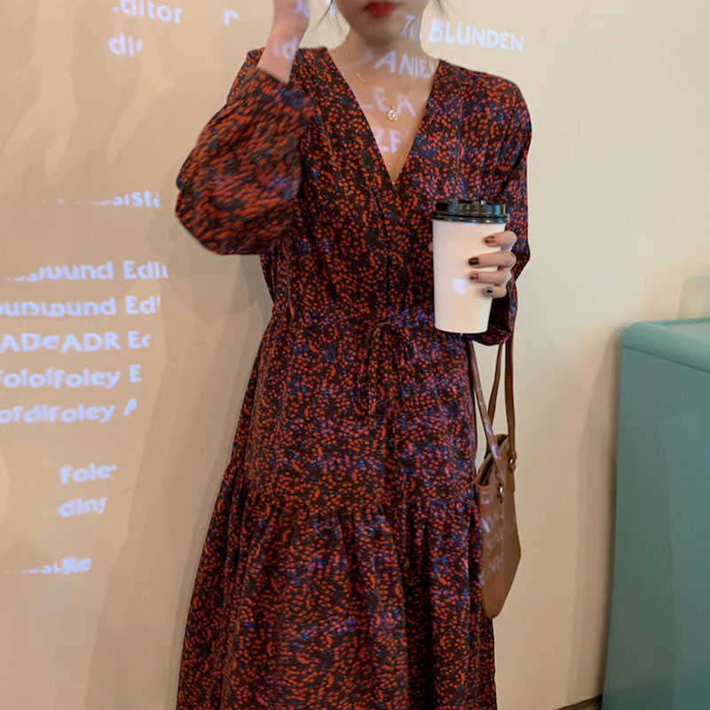 

LY VAREY LIN Spring Women Elegant V-neck Long Sleeve Dress Full Elastic Waist Floral Vestidos 210526, Red