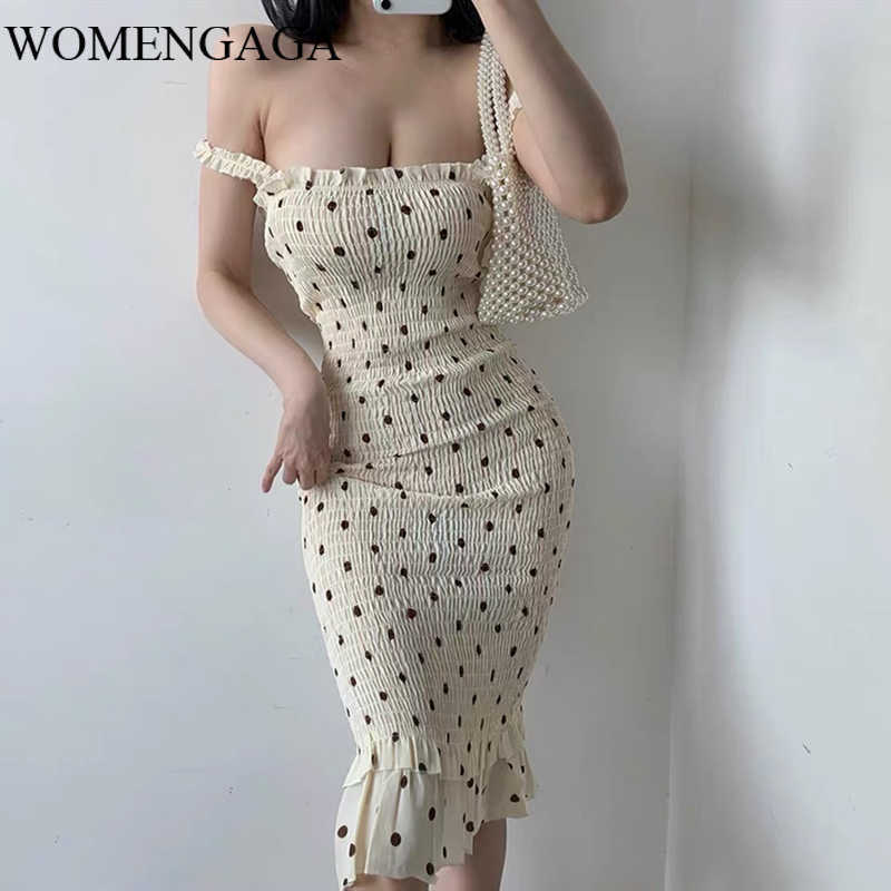 

WOMENGAGA Summer pastoral storm point strap dress strapless sleeveless slim waist fishtail Midi chiffon W7W6 210603, Beige