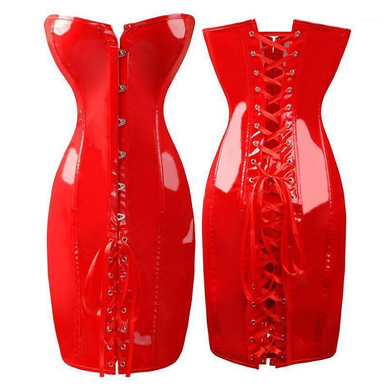 

Bustiers & Corsets Gothic Womens Sexy Wetlook PVC Faux Leather Corset Dress Long Black Red Shape Body Slim Overbust Latex Catsuits