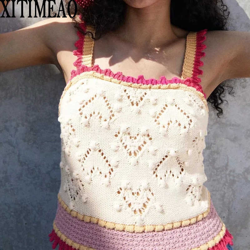 

Za Women Fashion Hollow Stitching Suspender Knitted Blouses Vintage Sleeveless Straps Female Chic Short Tops 210604, As picture