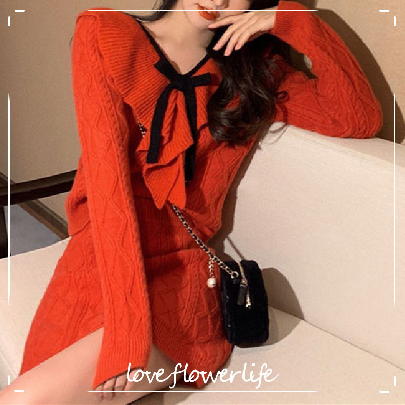 

Spring Knit Suits Women Casual Pullover+ Mini Skirts 2 Piece Set Korean Style Elegant Knitted Sweater Set Ladies Chic Fairy 210521, Red