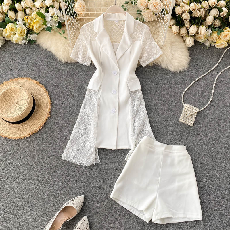 

Summer Elegant Ladies Lace Suits Notched Short-sleeved Patchwork Jacket Tops and High waist Shorts Two-piece suit 210525, Black