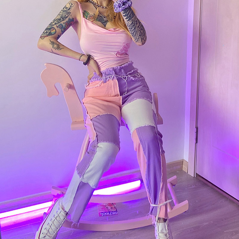 

20212021 new hip hop autumn blue/pink patchwork jeans women high waist hip hop straight jeans ladies trousers female denim for woman