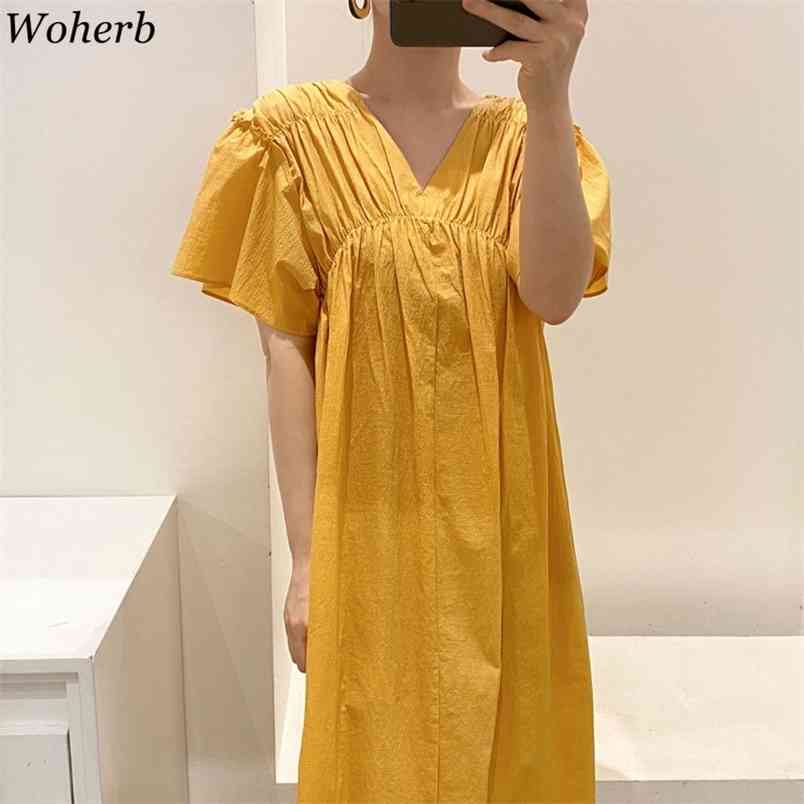 

Summer Korean Solid Women Long Dress Short Sleeve V-neck Elegant A-line Dresses Fashion Basic Ladies Vestidos 210519, Black