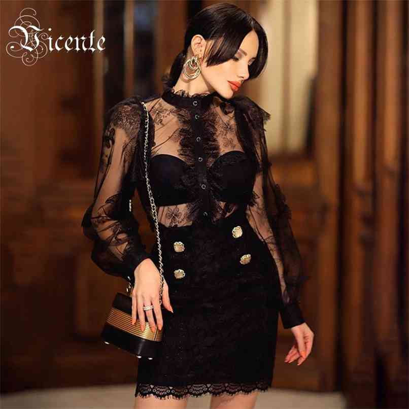 

Trendy Two Pieces Lace Suit Butterflies Appliques Design Celebrity Party Bandage Mini Skirt 210520, Black