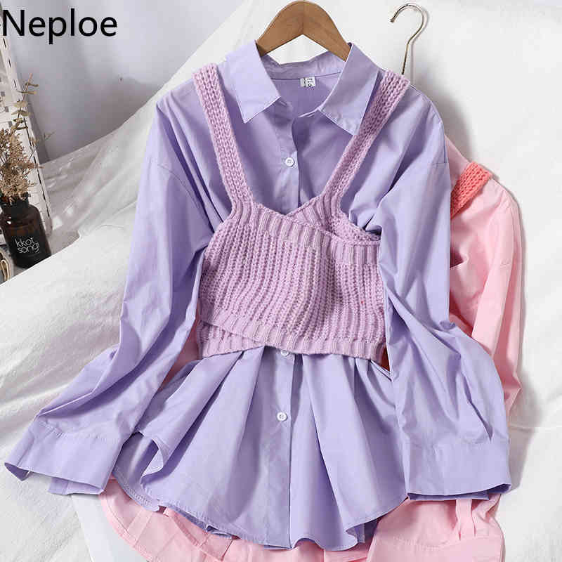 Neploe Blusas Mujer De Moda Single Breasted Shirts Loose Solid Color Blouses Women Knitted Tops Korean Sweet Blouse 4G582 210422