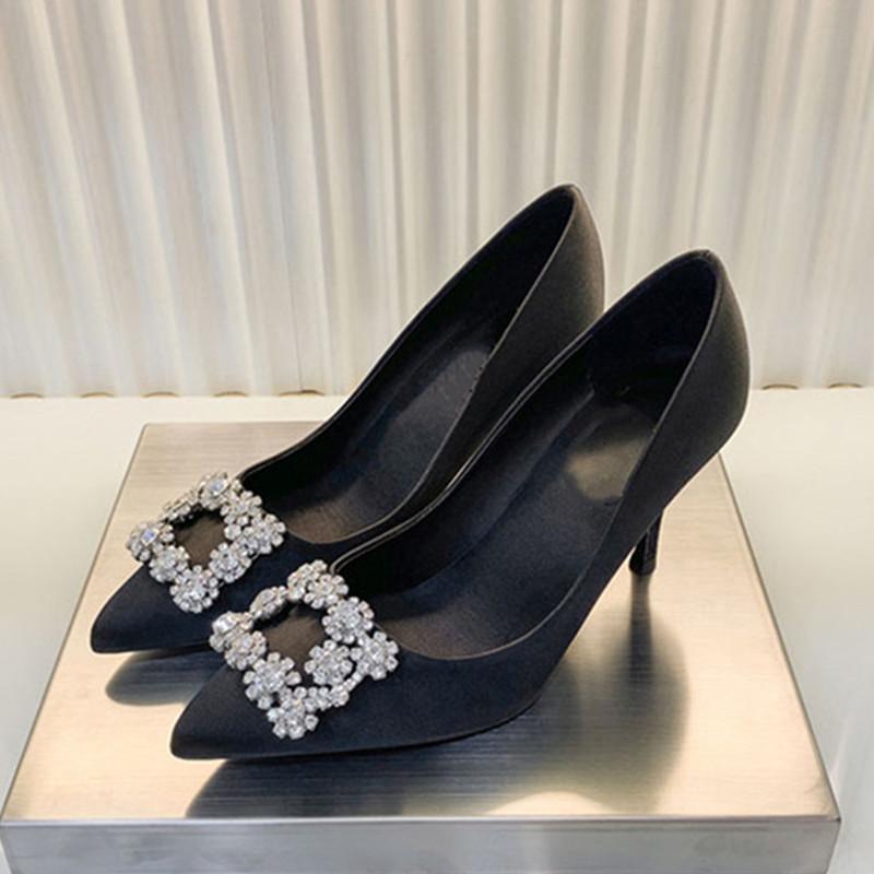 

Dress Shoes Black Satin Rhinestones High Heels Woman Synthetic Crystal Diamond Pointed Party Shoe Fashion Women Basic Pump
