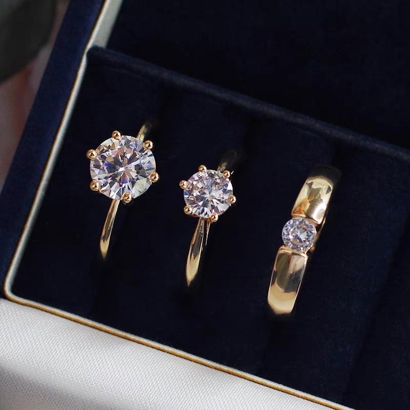 

Cluster Rings 14K Yellow Gold 1 S CZ Diamond Ring Set For Women Men Luxury Engagement Bizuteria Anillos S925 Silver Wedding Bands, Golden;silver