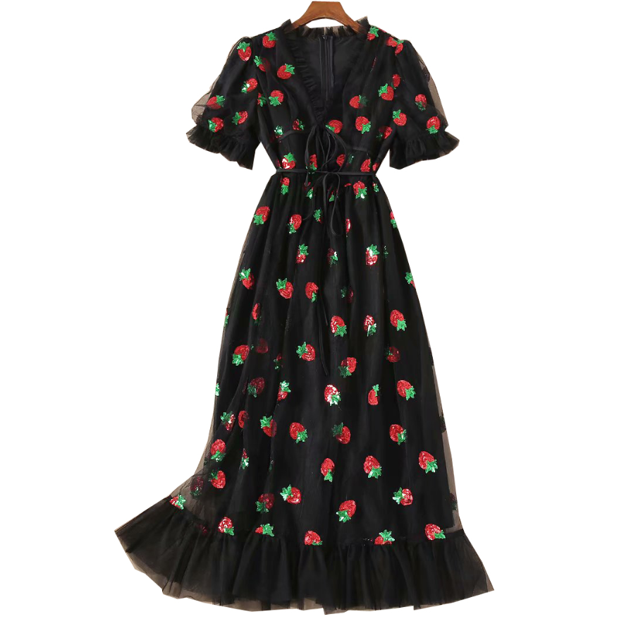 

2021plus size 5xlwomen black pink stberry sequined dress v-neck sweet elegant evening party formal dress classy maxi dress, Black;gray