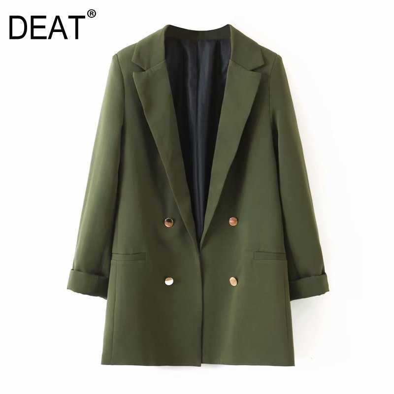 

[DEAT] Women Army Green Double Breasted Blazer Lapel Long Sleeve Loose Fit Jacket Fashion Spring Autumn 13T881 210527