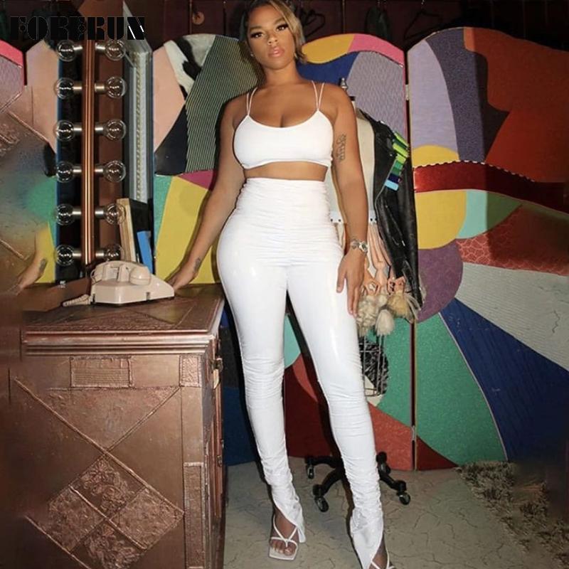 

Women's Two Piece Pants FORERUN Set Women Sexy Cropped Sleeveless Spaghetti Strap Top High Waist Split Stacked Survetement Femme, White