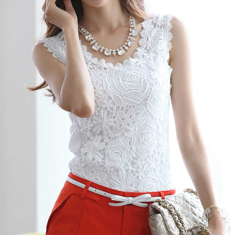 

3XL 4XL Plus Size Blouse Women Tops Blusas Mujer De Moda Summer Sleeveless Blouse Women O-neck White Lace Blouse Shirt D154 210602, Black