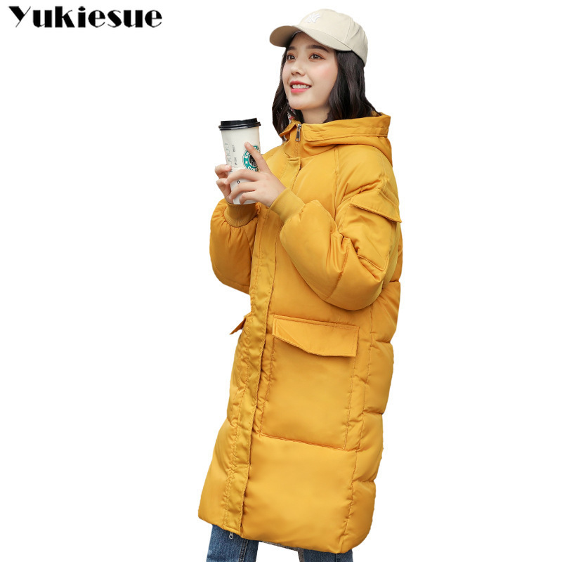 

Women Winter Jacket Fashion with a Hat Cotton-padded Warm Slim Coat long Down Parka Outwear Female Plus Size 210518, Yellow