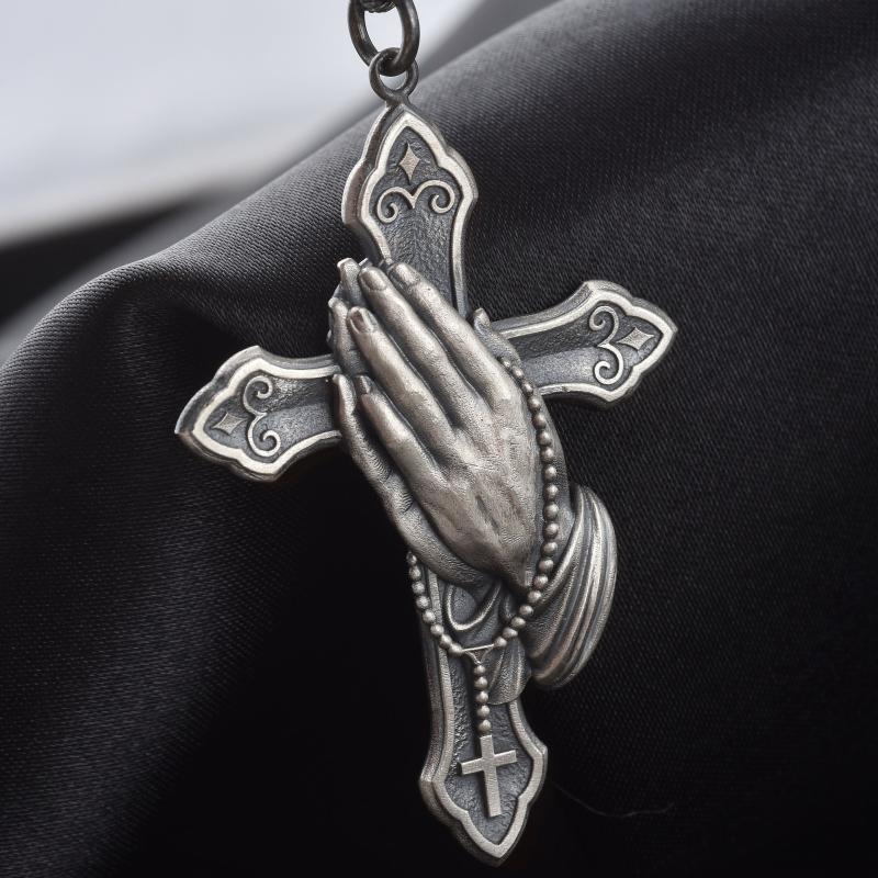

Pendant Necklaces Vintage Classic Cross Necklace Hands Together Long Black Chain Men Women Jewellery Gift D5T554
