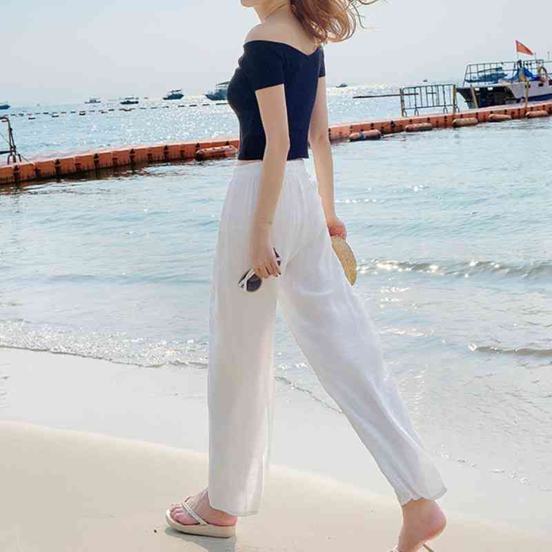 

White Summer Cotton Linen Pants Women High Waisted Slacks Loose Soft Elastic Waist Casual Wide Leg Trousers Female 210603