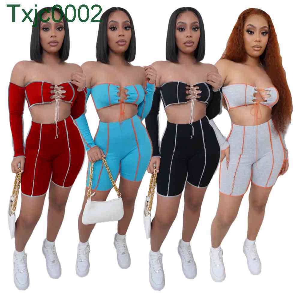 

Summer Women Tracksuits Off Shoulder Splicing Bandage Vest Shorts Solid Color Slim Sexy 2 Piece Jogger Sets Yoga Outfits Plus Size Sportwear, Gray