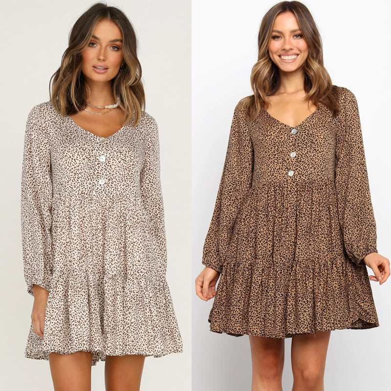 

Autumn Leopard Women Dress Summer V Neck Long Sleeve Ruffles Button Casual Loose Sundress New Print Ladies Clothes, Brown