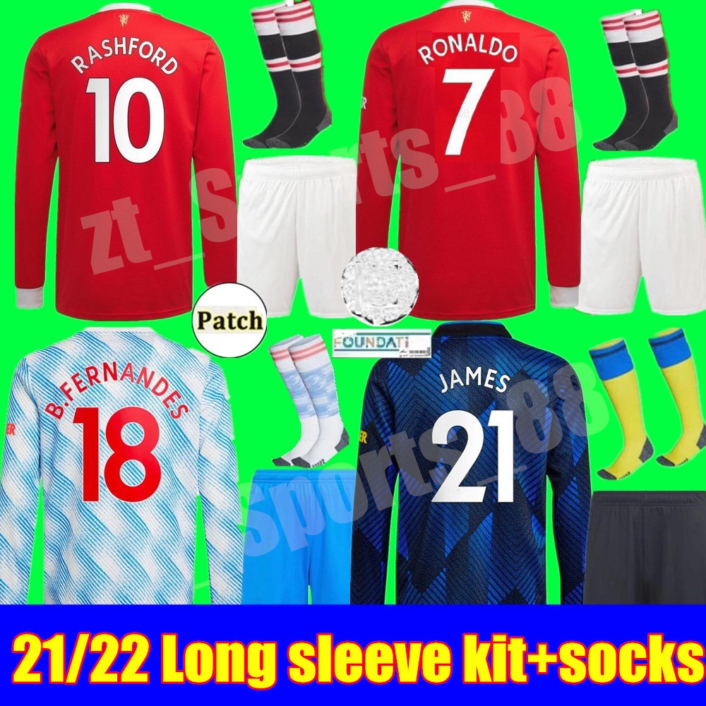 

Long sleeve ADULT KIT Manchester soccer jersey 2021 2022 UNITED RONALDO POGBA SANCHO CAVANI UTD VAN DE BEEK MARTIAL B. FERNANDES RASHFORD football shirt 21 22 man, Home+league patch