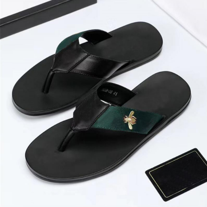 

Men Fashion Slippers Black Soft Leather Sandals Mules Bees Summers Slide Slippery Flat Chain Sandals Wide T-bar Casual Beach Slip Sandal With Box