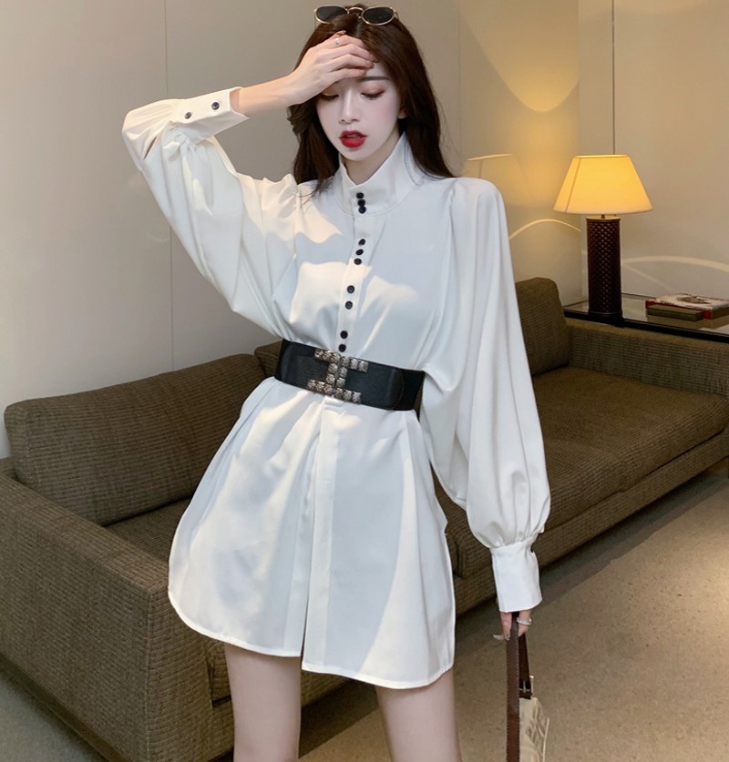

Korean Temperament Fashion All-match Mini Shirt Dress Female Spring Lantern sleeve Single-breasted Loose 210525, White