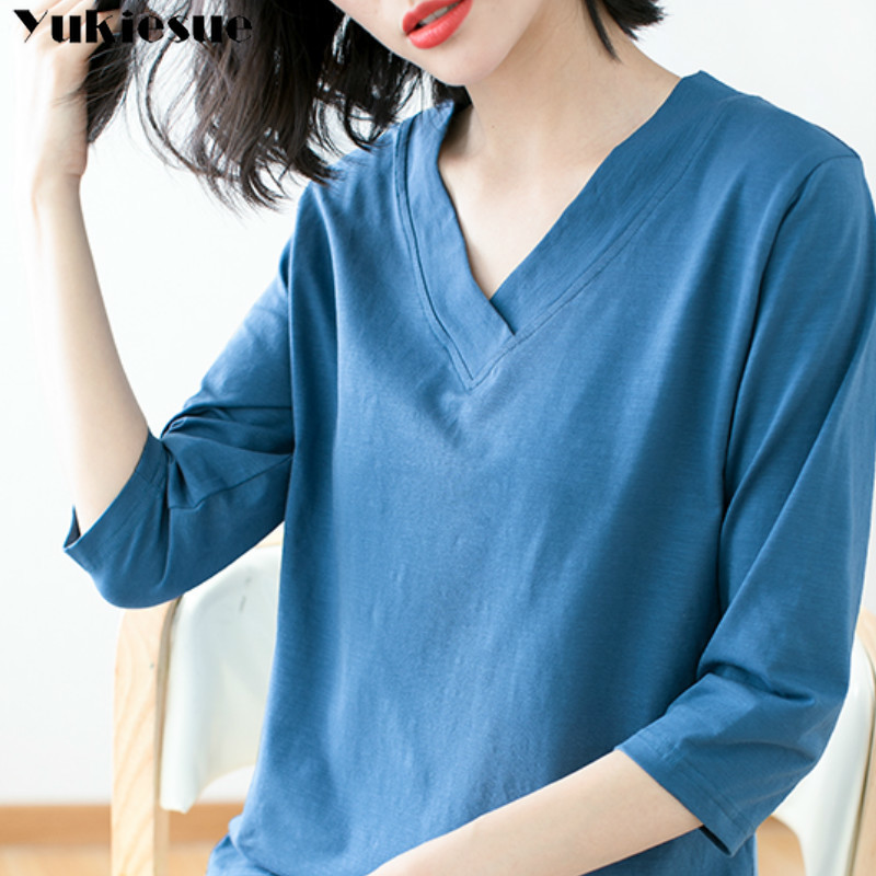 

Cotton T Shirt Women three quater Sleeve Tshirt Female Spring summer Ladies Tops Tee Femme Plus Size XXL White Black 210518, Blue
