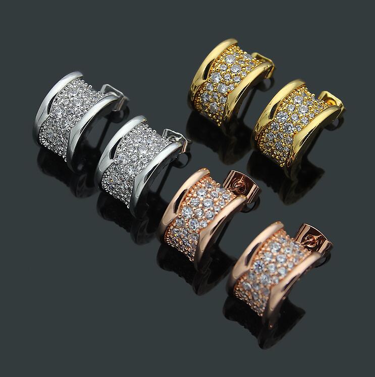

New Arrival Fashion Women Lady Titanium Steel Full Diamond Gear B Letter Engagement 18K Plated Gold Earrings 3 Color