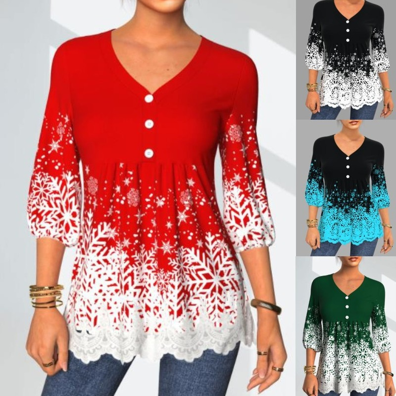 

Women's V-neck Fashion Design Style Autumn and Winter Hot Style Lace Stitching Contrast Color All-match Christmas Snowflake Print Green Top, White