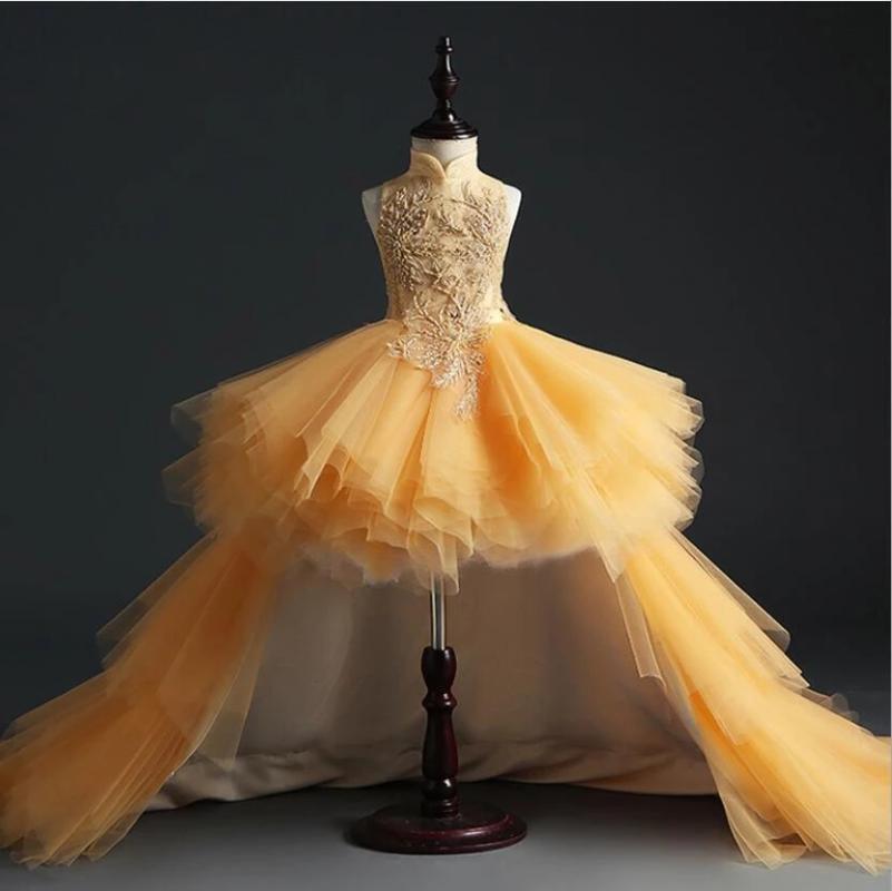 

Girl's Dresses Golden Tulle Girl Lace Embroidery Christmas Birthday Party Dress Flower Wedding Gown Formal Long Trailing Girls Prom Clothes, Picture style