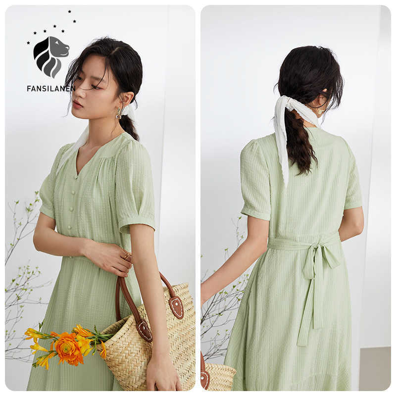 

FANSILANEN Office Lady French Niche High Waisted Puff Sleeve Dress Women Summer Long Green A-line Fishtail Skirt 210607, Light green