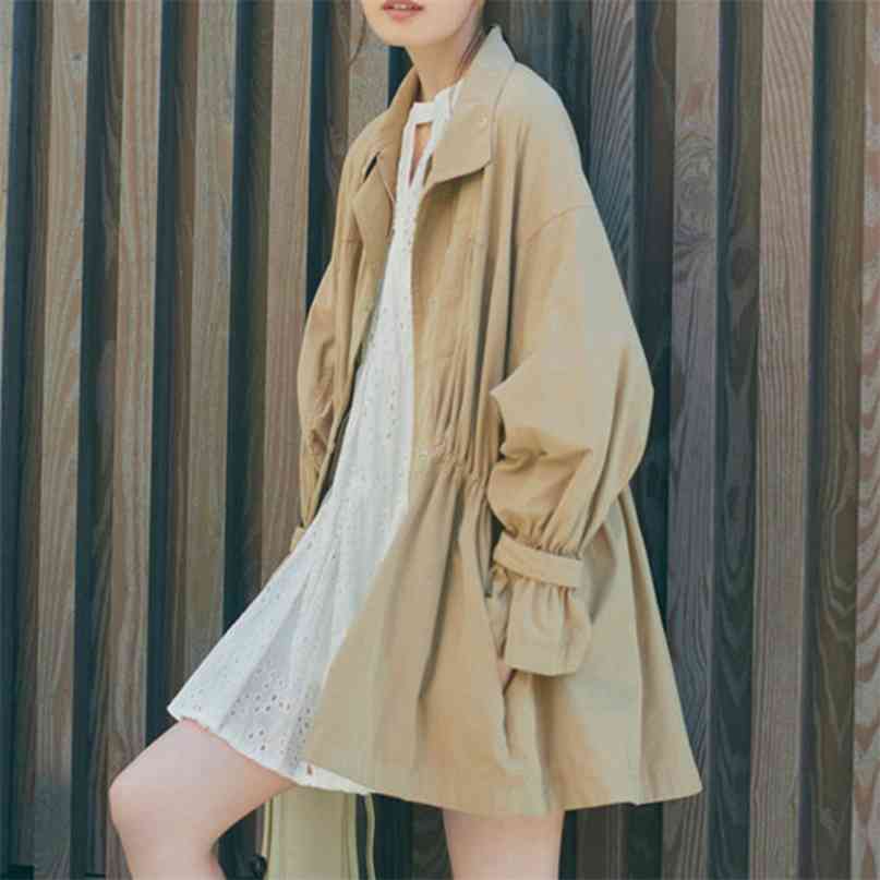 

Fashion Pleated Slim Waist Trench Coat Turn-down Collar Long Sleeve Women Tops Spring Casual Single Breasted Jacket 210519, Army green
