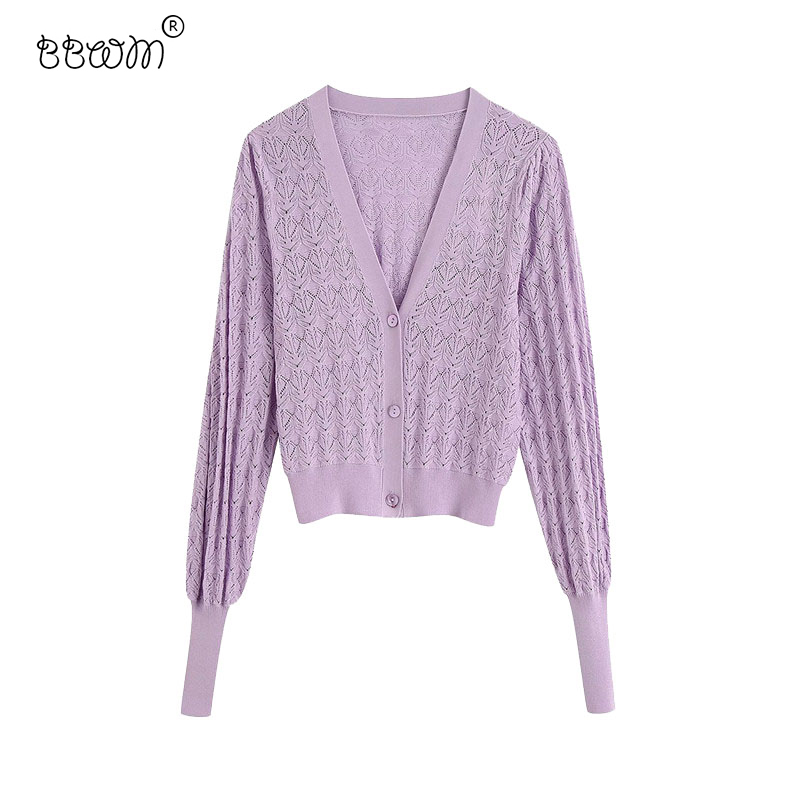 

Women Fashion Purple Jacquard Knitted Cardigan Vintage V Neck Long Sleeve Sweaters Female Chic Outerwear 210520, As picture