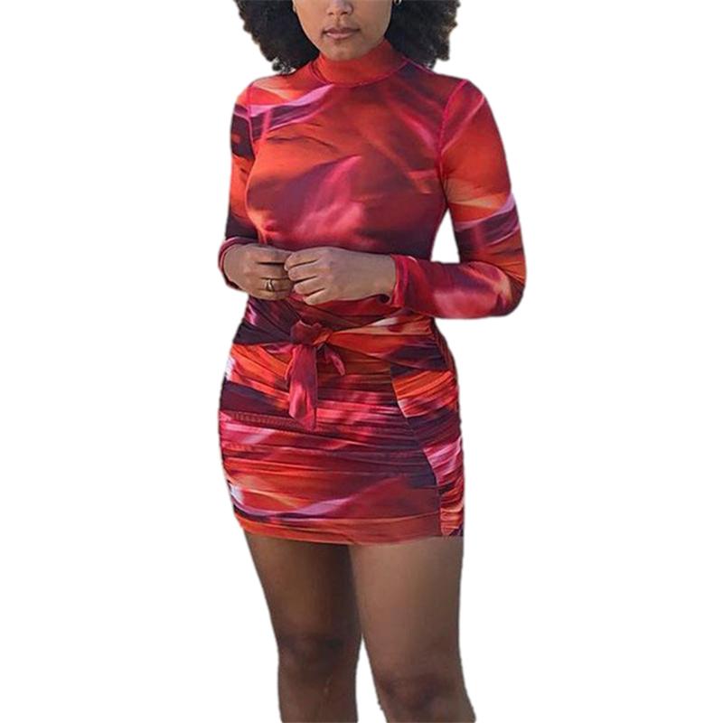 

Casual Dresses 2 Pcs Women Summer See-through Mesh Outfits Adults Gradient Long Sleeve High Collar Bodysuit + Tie-up Bottoms, Red