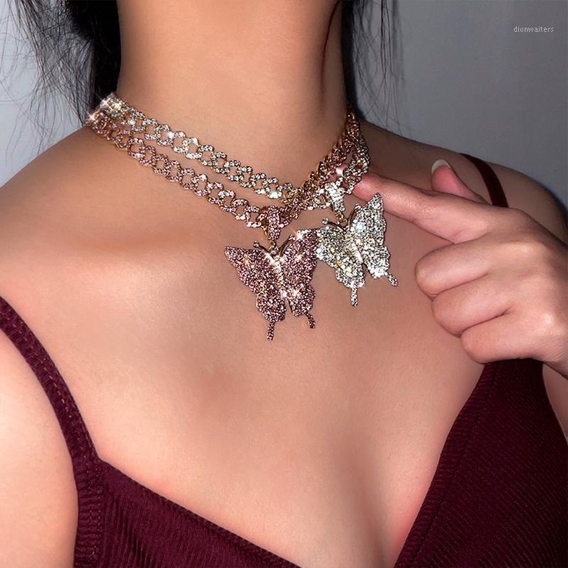 

Chains Flatfoosie Trendy Big Butterfly Crystal Pendant Necklace For Women Iced Out Rhinestone Cuban Link Chain Punk Jewelry
