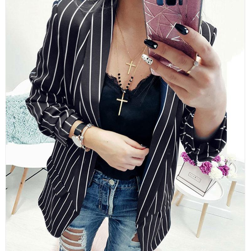 

Women' Suits & Blazers 2021 Autumn Formal Cuff Folds Woman' Black White Striped Outwear Casual Slim Jackets Office Lady Coats Blazer Coat
