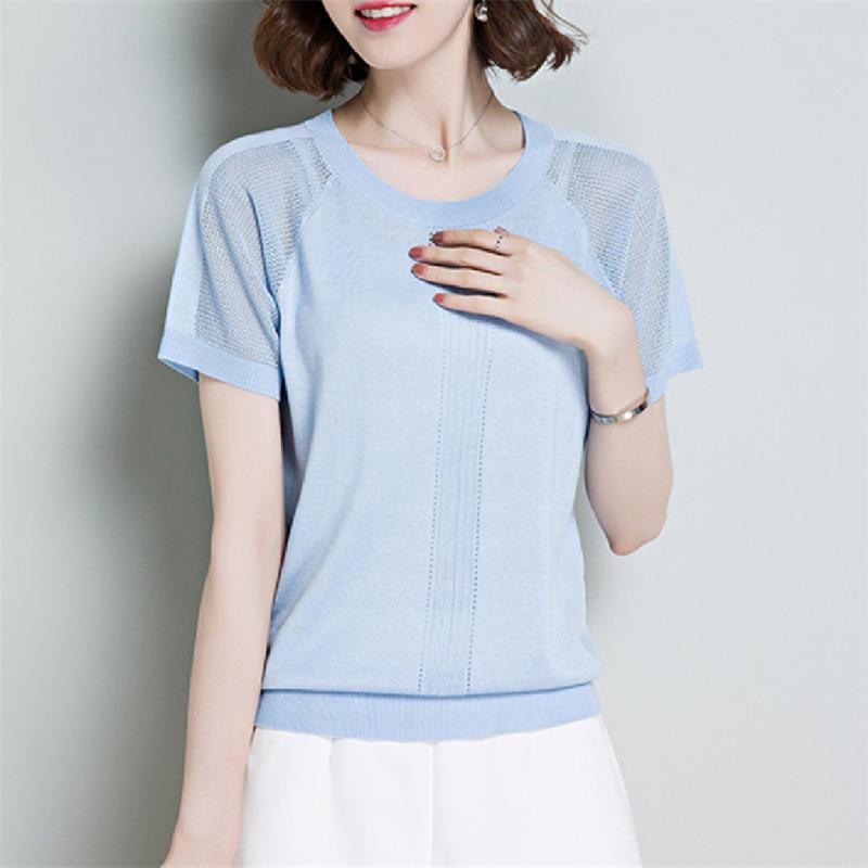 

Loose Ice Silk Knit Short Sleeve T-shirt Women Thin T Shirt Summer Fashion Tshirt Korean Top Tee Female Camisas Mujer Women's, Sky blue