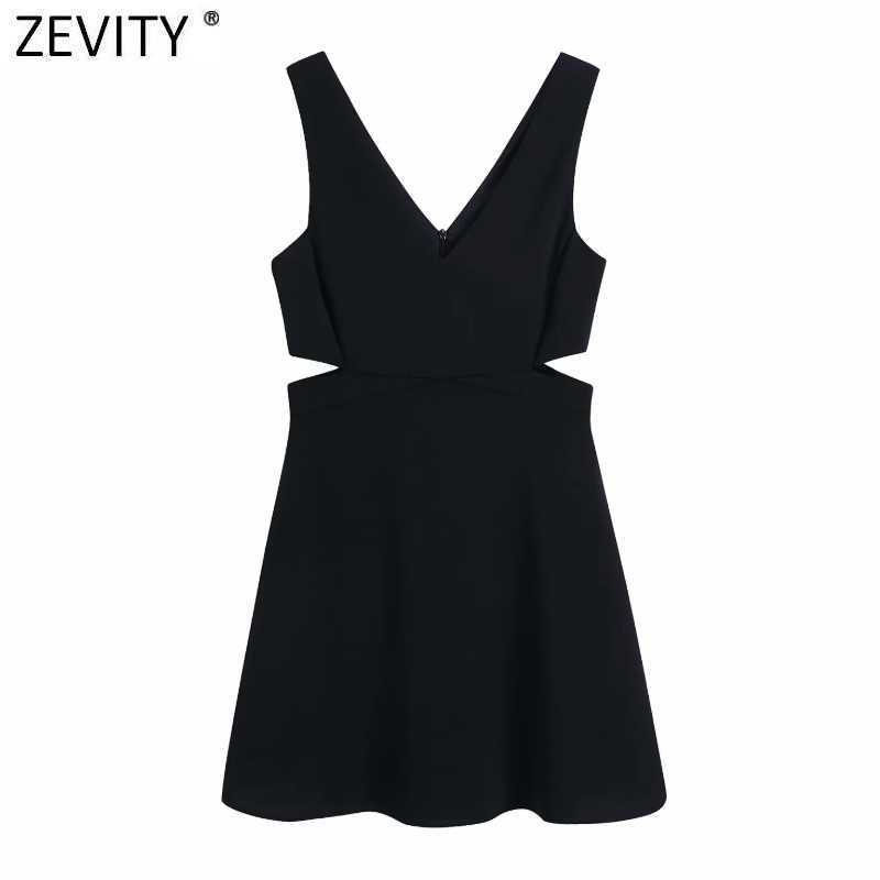 

Zevity Women Sexy Deep V Neck Side Hollow Out Black Sling Mini Dress Femme Chic Summer Wear Casual Slim Party Vestido DS8113 210603, As pic ds8113bb