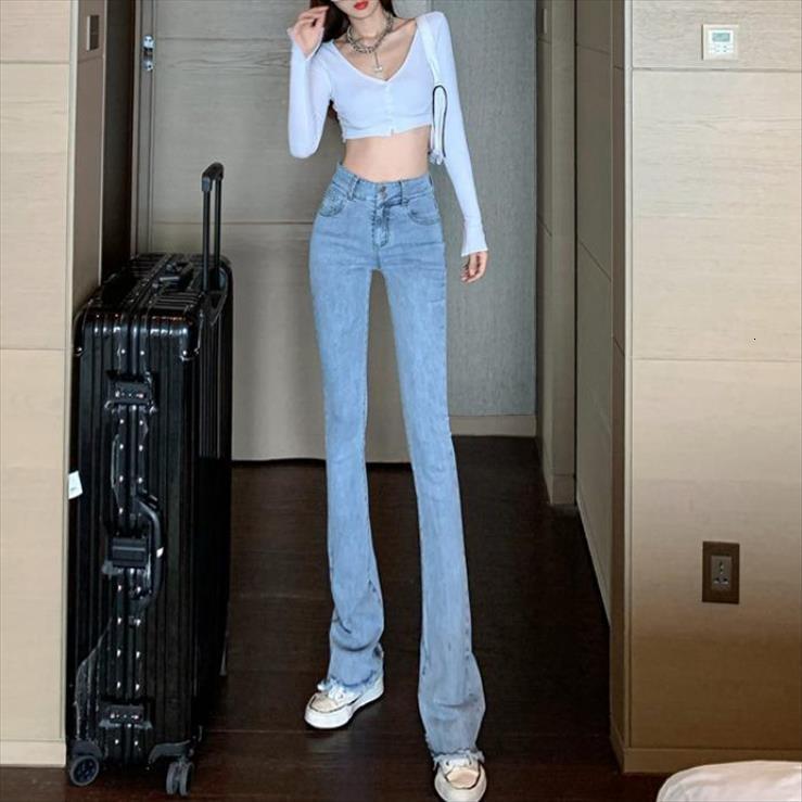 

spring summer long stretchable women jeans flared denim pants high waist slim chic casual streetwear trousers for, Blue