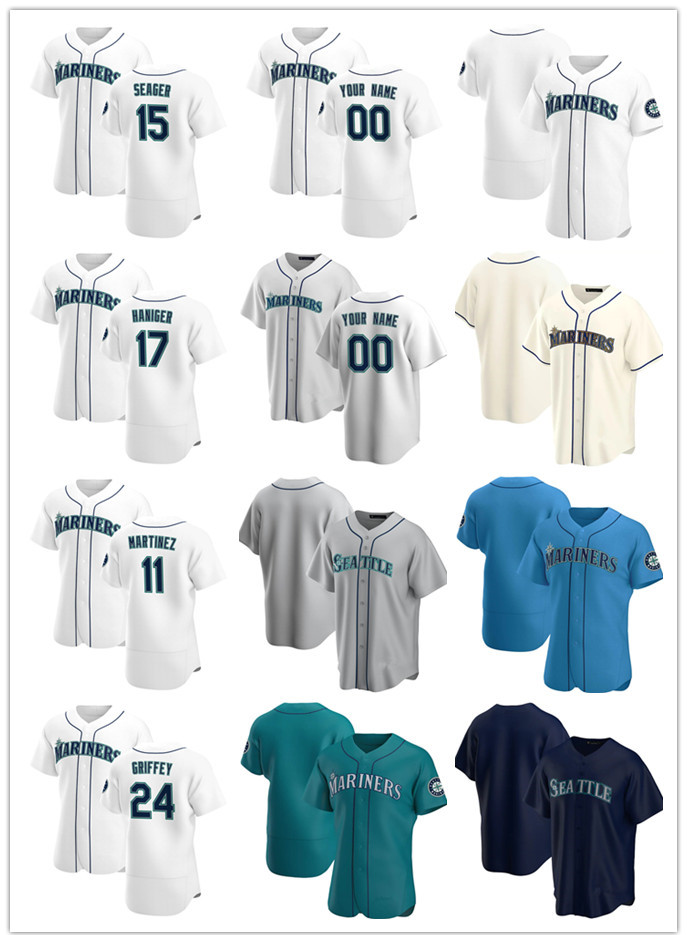 

Custom Mens women Youth Seattle Mariners 11 Edgar Martinez 24 Ken Griffey Jr. 17 Mitch Haniger 15 Kyle Seager Baseball Jerseys, Blue;black