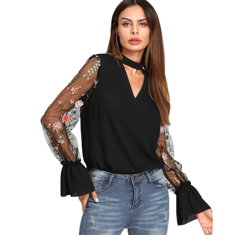 

Women' Blouses & Shirts Embroidered Mesh Sleeve Choker 2021 Floral Neck Blouse Blusa Bordada V Cut Out Ruffle Top Women Spring Elegant Butt