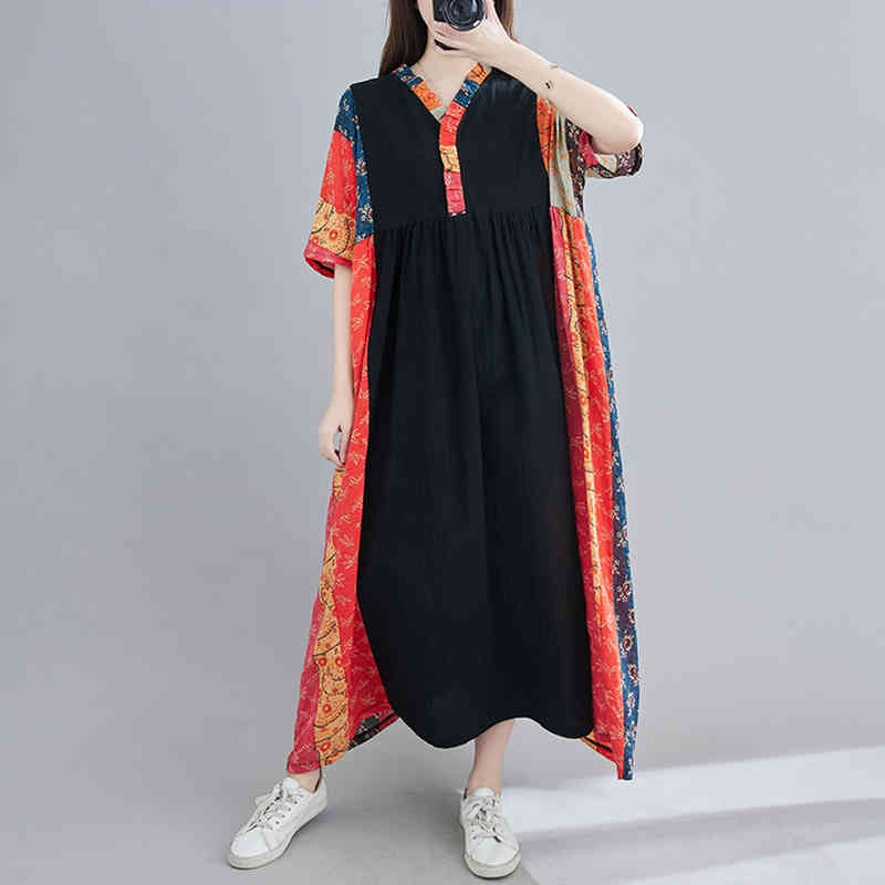 

Johnature Vintage Mid-Calf Dresses Patchwork Plaid Summer V-Neck Short Sleeve Striped Loose Women Dresses 210521, Red