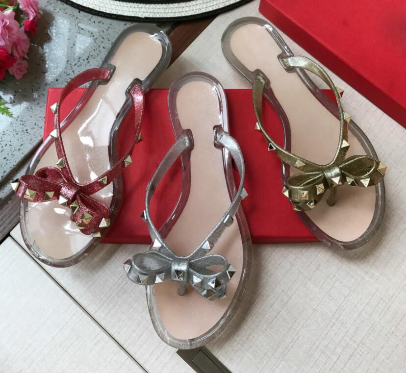 

New 2021 Woman Summer Sandals Rivets big bowknot Flip Flops Beach Sandalias Femininas Flat Jelly Designer Sandals with box, Khaki