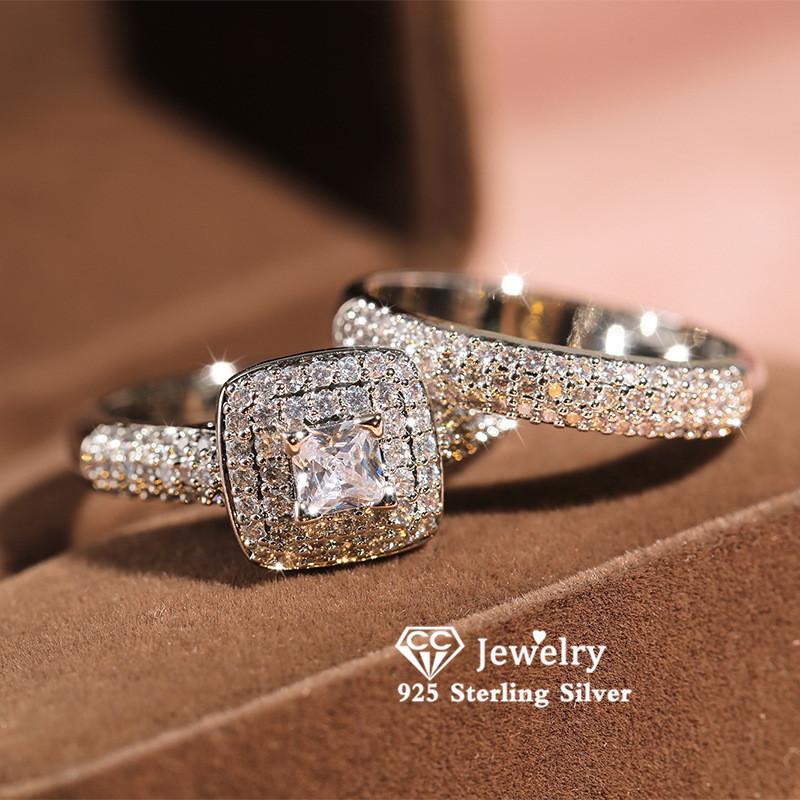 

Cluster Rings Sets For Women S925 Silver Couple Cubic Zirconia Square Ring Luxury Fine Jewelry Bridal Wedding Anillos Mujer 3216, Golden;silver