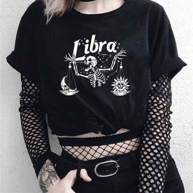 

Goth Spooky Libra Skeleton Woman Tshirts Sun and Moon Harajuku Streetwear Halloween Grunge Style 210512, Black